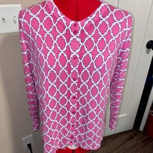 CROWN & IVY PINK WHITE GEO PRINT BUTTON FRONT CARDIGAN SWEATER LARGE